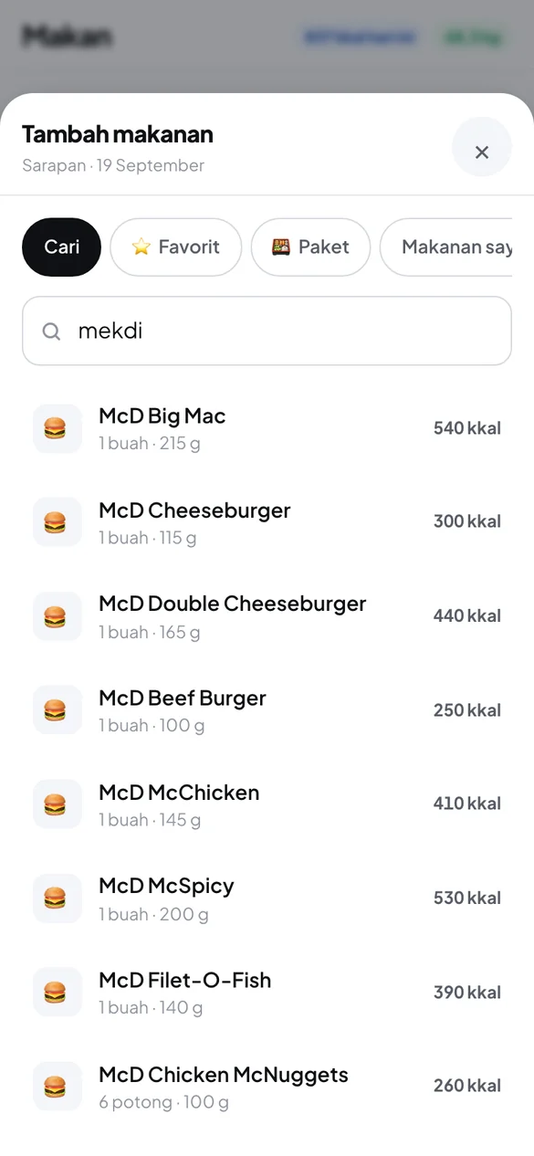 Pencarian makanan dengan kalori tiap porsi