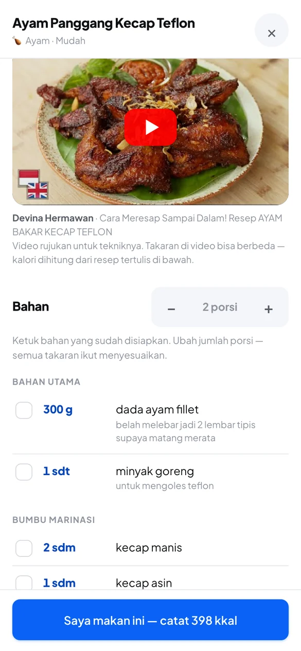 Detail resep dengan video tutorial, bahan, dan gizi per porsi